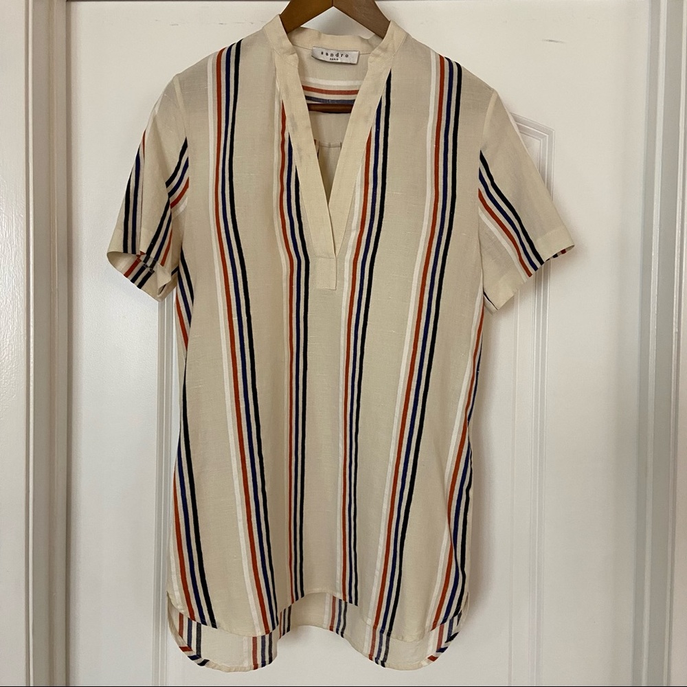 Sandro stripe tunic in natural linen color with stripes, size 1 (small)